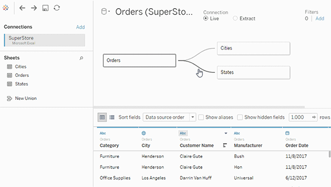 Ajouter des jointures et des unions entre les tables dans l’espace de travail physique.