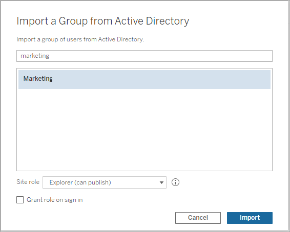 Dialog for importing a group from Active Directory.